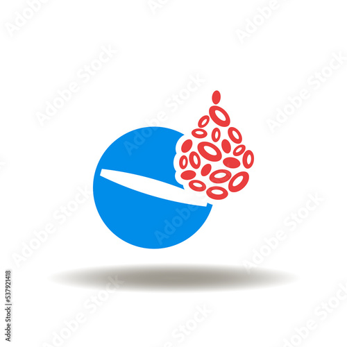 Vector illustration of pill tablet and drop with erythrocytes and blood cells. Icon of erythrocyte and blood therapy. Symbol of blood treatment and cleansing.