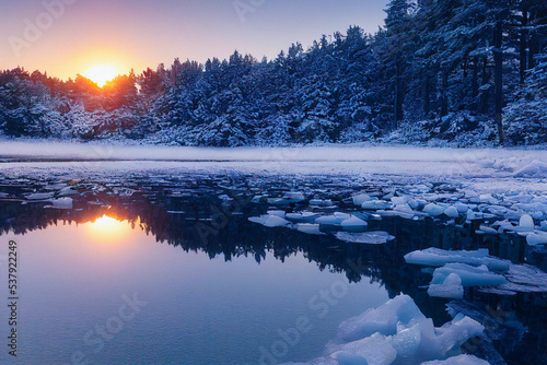 Beautiful Winter Landscape with Pine Forest and Sunset Reflections in a Lake full of Ice Pack © dani3315