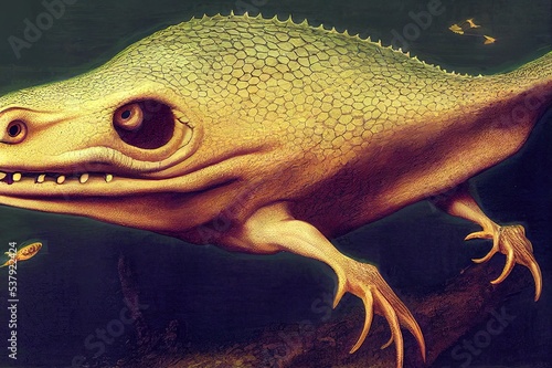 Tiktaalik, extinct walking fish, evolution of fourlegged animals (3d paleoart rendering) photo