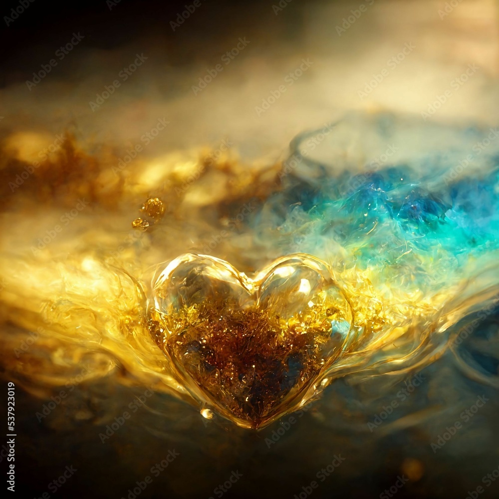 Golden heart filled with divine love in ethereal liquid