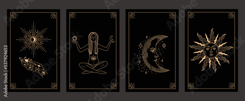 Collection of magical illustrations. Tarot cards. Set of linear vector illustrations. Hand drawn celestial illustrations depicting sun, moon, planet. design elements for decoration in a modern style.