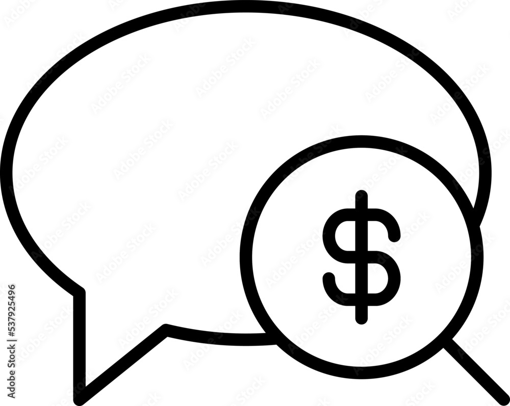 Simple vector isolated pictogram drawn with black thin line. Editable stroke for web sites, adverts, stores, shops. Vector line icon of dollar in loupe next to speech bubble Simple vector isolated pictogram drawn with black thin line. Editable stroke for web sites, adverts, stores, shops. Vector line icon of dollar in loupe next to speech bubble