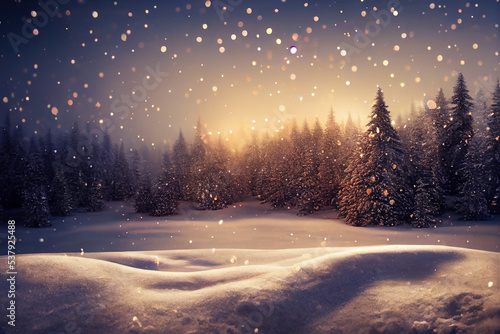 Winterlicher Wald mit glitzerndem Schnee der vom Himmel fällt