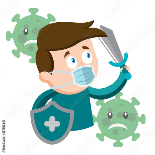 Male character with shield and sword fighting virus Self care Vector