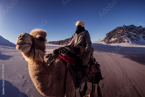 masked man riding a camel in antarctica ice mountains