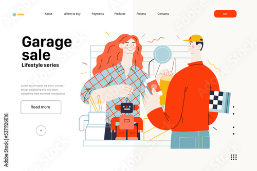 Lifestyle web template -Garage sale -modern flat vector illustration of a woman selling house stuff, table filled with house utilities and toys, and man buying a chess board. People activities concept