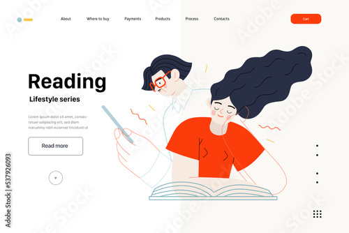 Lifestyle web template - Reading - modern flat vector illustration of a man and a woman reading the books. People activities concept