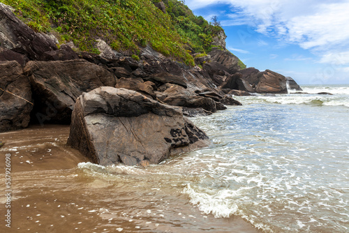 Rocks and trees by the beach in a beautiful sunny day. Atlantic Forest in Brazil
