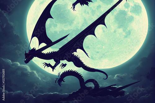 The silhouette of a dead dragon with huge wings  flying against the background of a huge green moon in the clouds  on its back a rider with a scythe. 2D illustration
