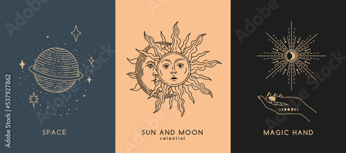 Set of linear vector illustrations. Hand drawn celestial illustrations depicting sun, moon, planet. design elements for decoration in a modern style. magical drawings. mystical cards photo