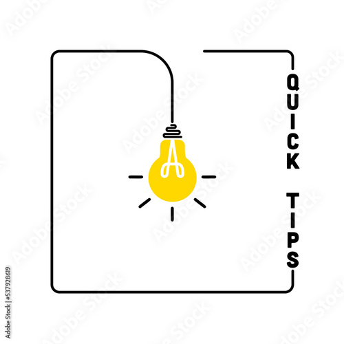 Quick tips icon badge. Top tips advice note icon. Idea bulb education tricks.