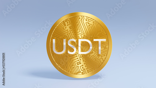 usdt tether coin, golden coin lettering, 3d rendering on blue background. cryptocurrency stablecoin photo
