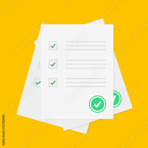 Survey or exam form paper sheets pile with answered quiz checklist and success result assessment, idea of education test, questionnaire