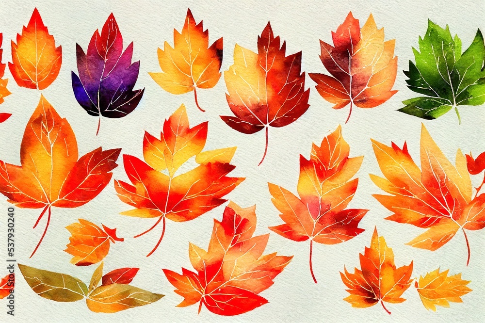 Watercolor fall clipart Decorative rustic paint sketch Seasonal leaves november green background festive colorful leaves forest happy thanksgiving orange yellow brown autumn illustrations