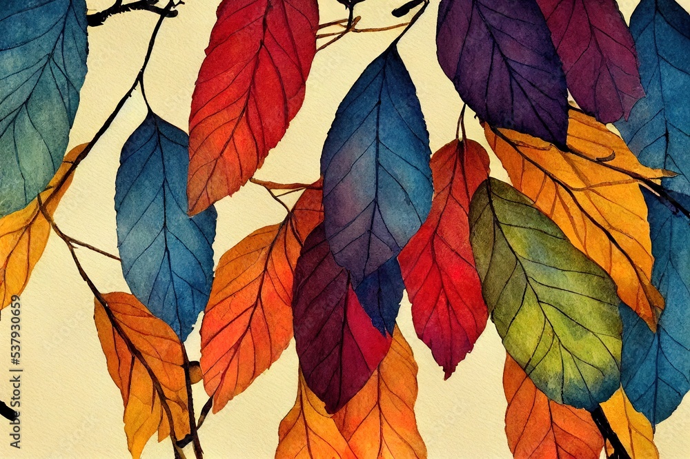 Birch tree branches with leaves watercolor background. Autumn illustration