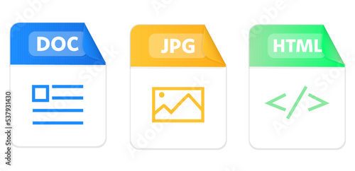 File type icons. Set of doc, jpg, html. Collection colored icons for download on computer. Graphic templates for ui. Document types in flat style. Vector illustration