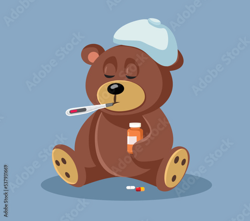 Sick Teddy Bear Suffering from Influenza Vector Cartoon Illustration. Pediatric medicine concept image of a toy suffering from flu symptoms 