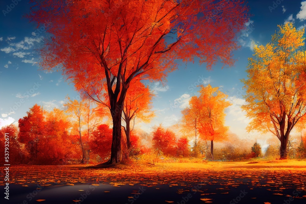 Abstract Autumn landscape scene with a podium for product display 3D rendering