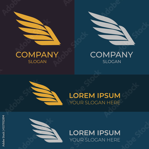 Set abstract gold and silver luxury wing logo on the dark-blue and dark-violet background. Creative idea logos designs. Symbol and Icon vector template.