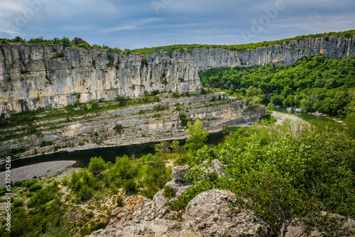 View on the Ardeche river and its canyon near the village of Labeaume in the South of France