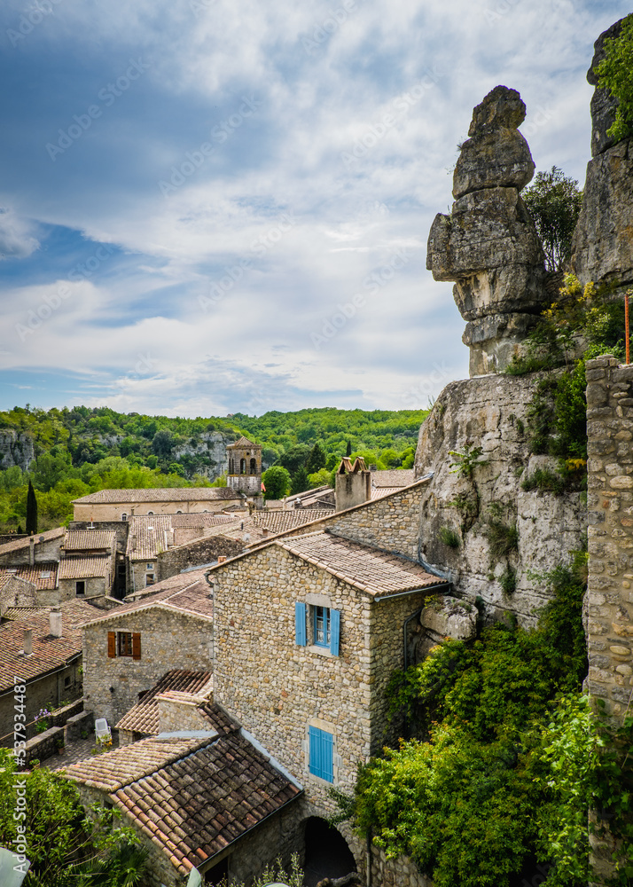 View on the medieval village of Labeaume and the cliff in the South of France (Ardeche)