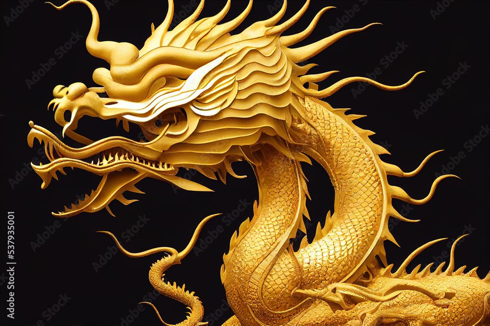 Fototapeta premium Giant golden Chinese dragon on isolate background