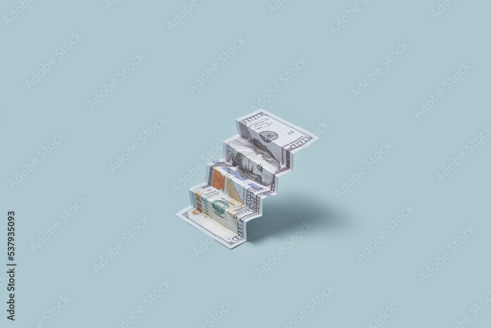 Dollar bill ladder on blue background. Dollar bill ladder on blue background.