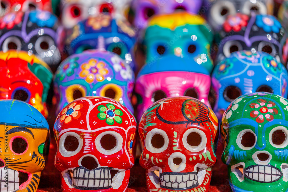Skull Ceramic Handicraft, calaveras pattern in a row, Day of the Dead, Mexico