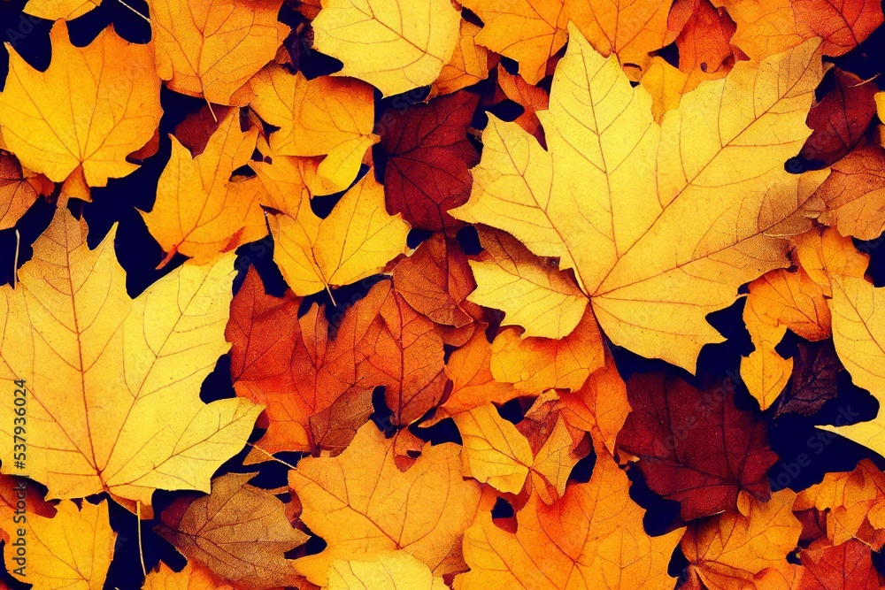 Closeup of beautiful autumn orange leaves on a ground - obrazy, fototapety, plakaty 