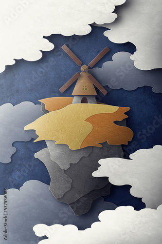 Windmill on flying island illustration photo
