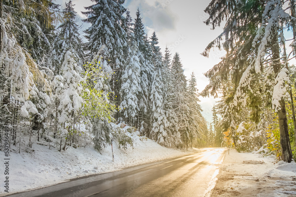 Mountain Road between Bavarian Alps and Austrian Tyrol at autumn, after snow Mountain Road between Bavarian Alps and Austrian Tyrol at autumn, after snow