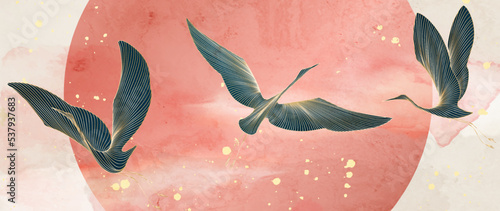 Art background with birds in golden line style against the backdrop of the sun at sunset. Animal hand drawn banner for decor, print, wallpaper, textile, interior design, poster, invitations, fabric.