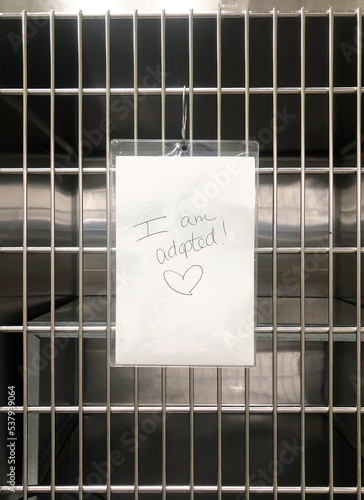 Pet Adoption Sign Hanging in Cage photo