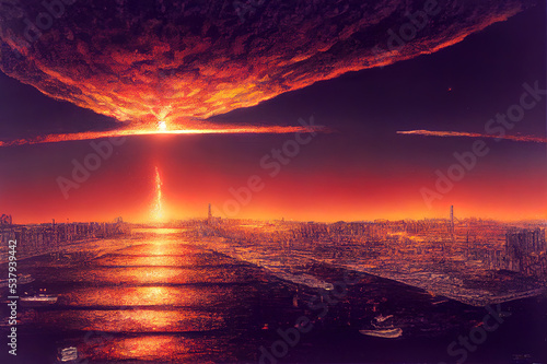 Nuclear explosion in a city near the sea at night