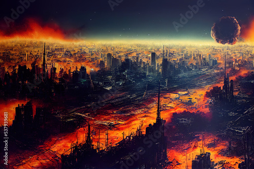 Nuclear war concept. Explosion of nuclear bomb. Apocalyptic view of city downtown after bombing. Night scene. City destroyed by war.