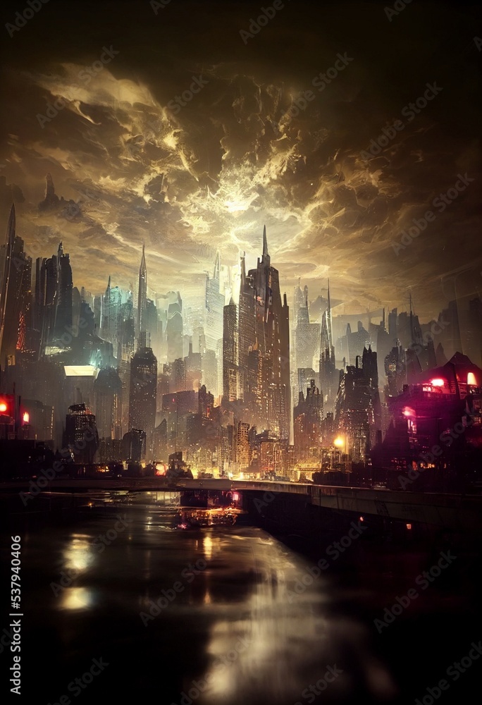 dystopian gotham city, hyperrealistic, cinematic lightning. ilustração