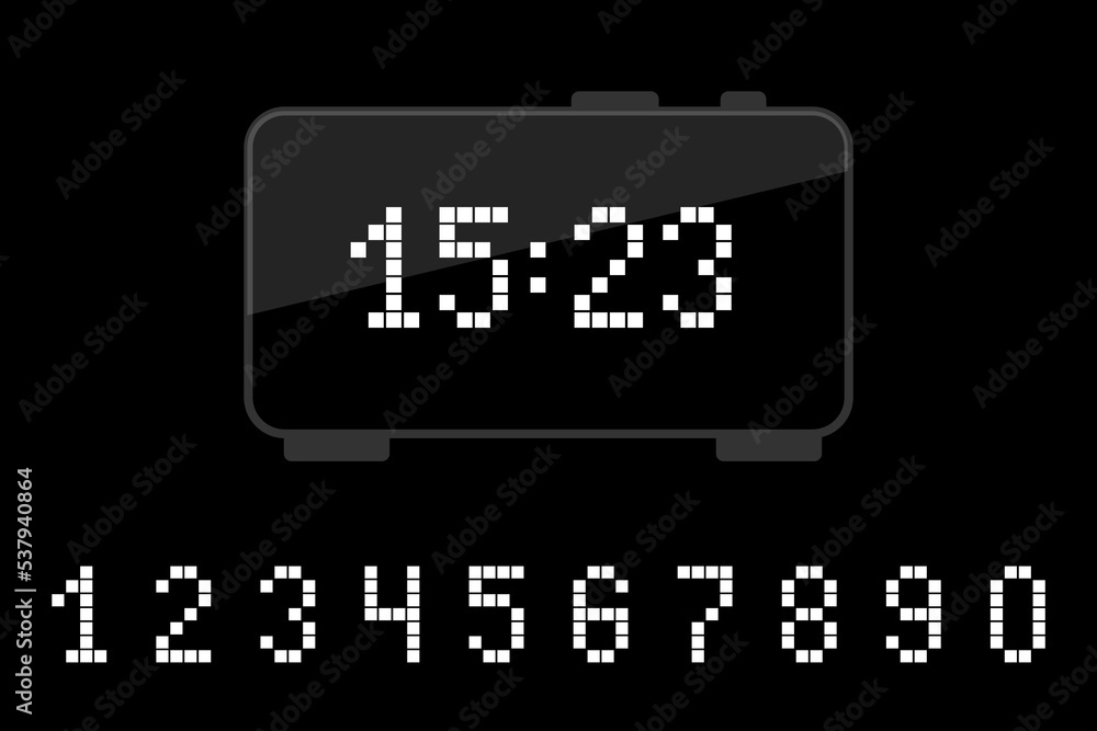 white clock black background. Time clock. Neon font. Vector