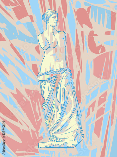 Ancient Greek sculpture, statue of the goddess Venus de Milo. Vector illustration on a blue, beige and pink background. Mosaic stylized style with intersecting patches. EPS - 10.