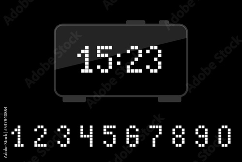 white clock black background. Time clock. Neon font. Vector illustration. Stock picture.