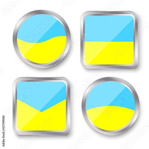ukrainian flag buttons. Ukraine banner. White design. Round shape. Vector illustration. Stock picture.