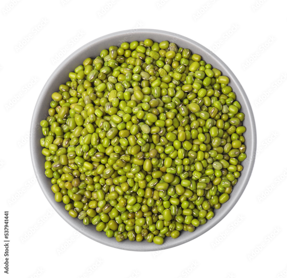 Bowl with green mung beans isolated on white, top view Bowl with green mung beans isolated on white, top view