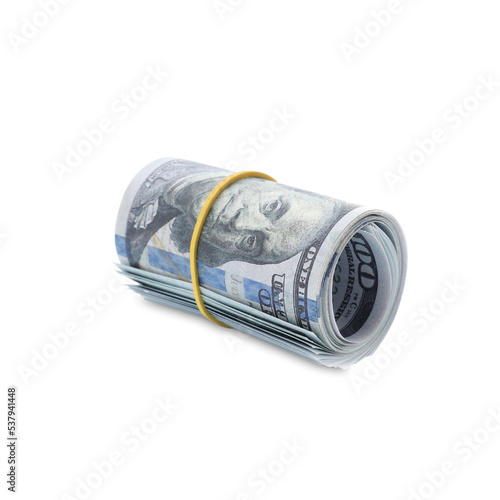 Rolled dollar banknotes isolated on white. American national currency