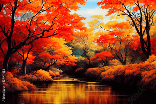 Warm colored autumn landscape paintingAsian watercolor painting