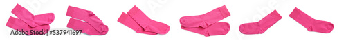 Set with pairs of pink socks on white background, top view. Banner design