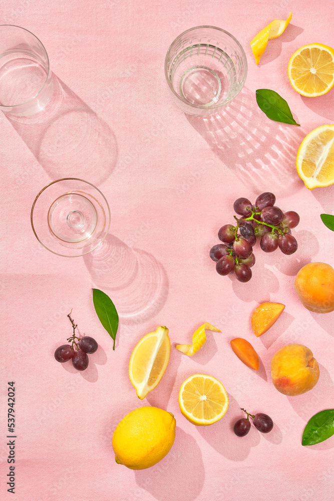 Fruit flat lay on pink background Fruit flat lay on pink background