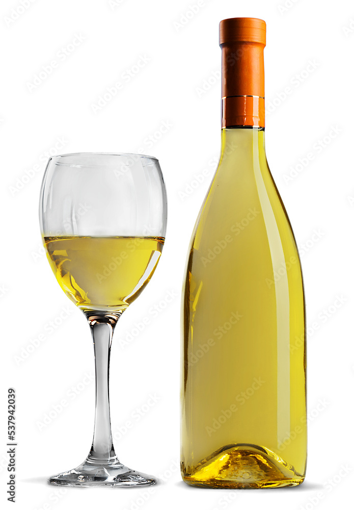 White wine bottle and glass on white background White wine bottle and glass on white background