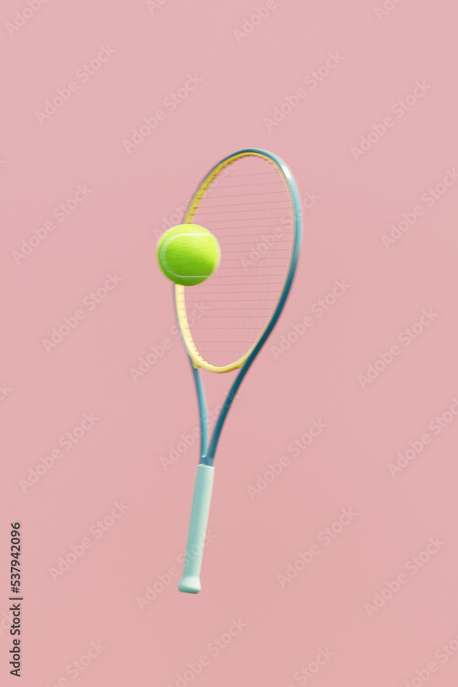 Tennis racket hitting a green tennis ball Tennis racket hitting a green tennis ball