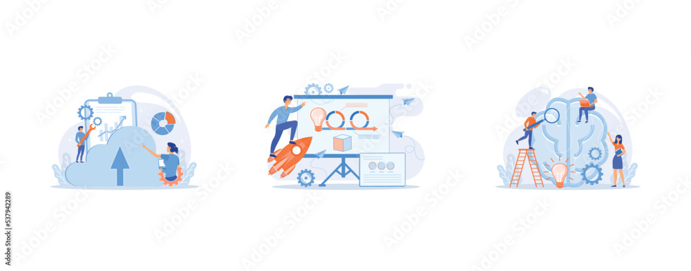 businessmen discuss social network, a young man holds out an umbrella from the rain to another in a state of depression, a group of people dancing and having fun to the music, set flat vector modern i