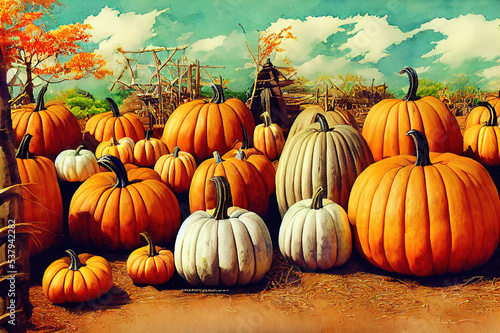 Autumn illustrationWatercolor Pumpkin market Hand drawn wooden stand haystack wooden wheel pumpkins corn and corn stalks Fall harvest
