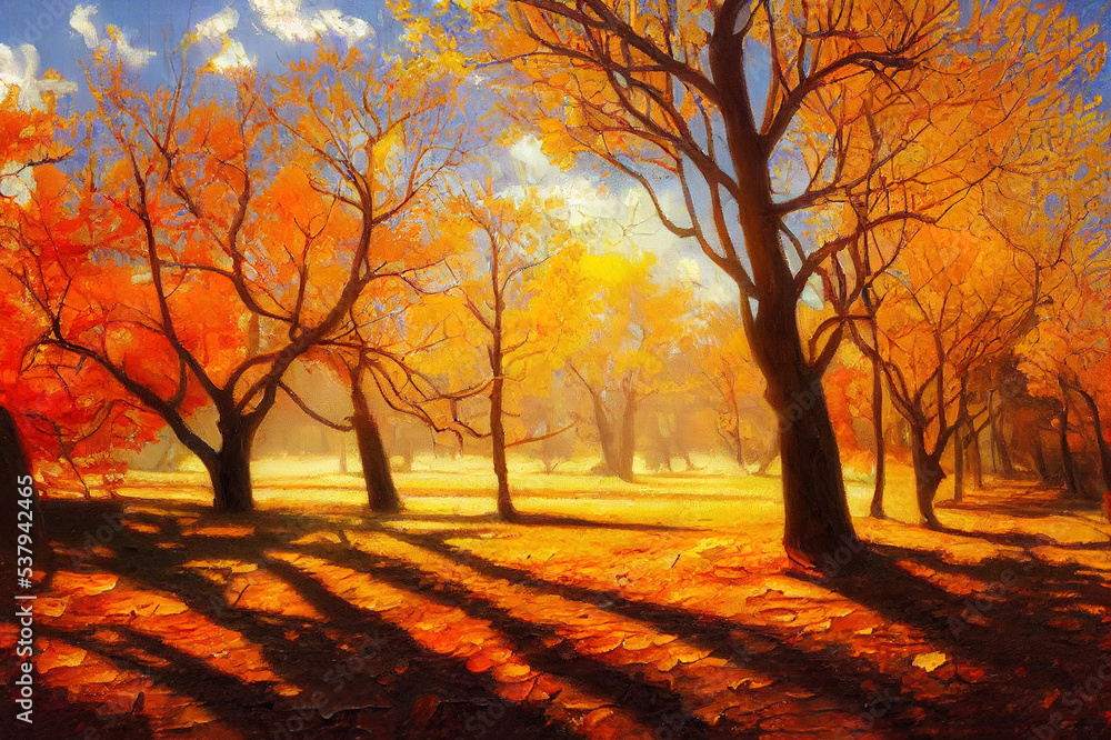 Oil painting on canvas. Autumn landscape. Modern impressionism.